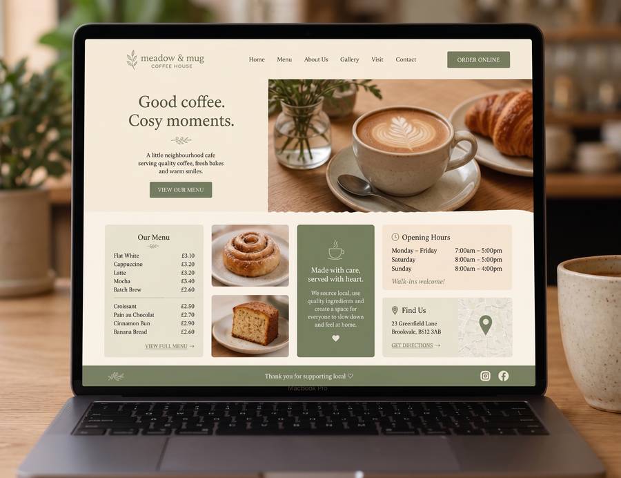 Preview of the Cafes and Retail example site, a bakery's homepage