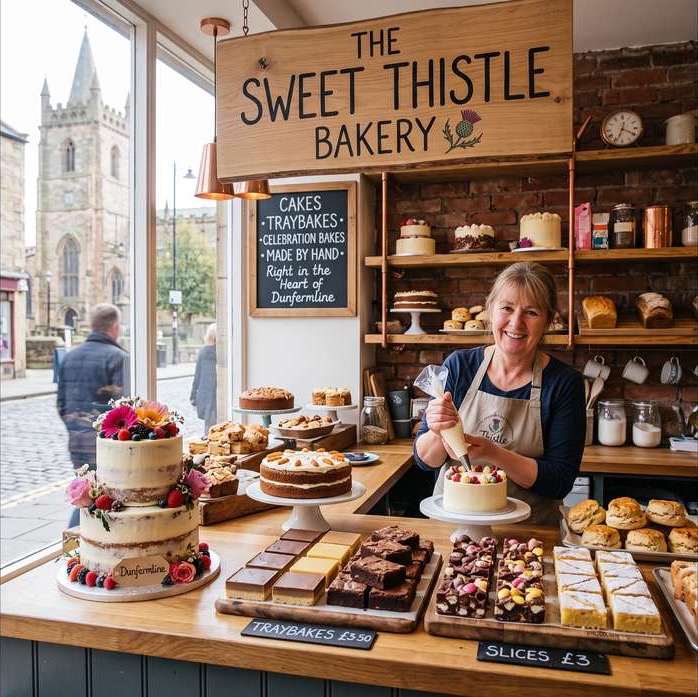 The Sweet Thistle Bakery's shopfront and counter, filled with cakes and traybakes