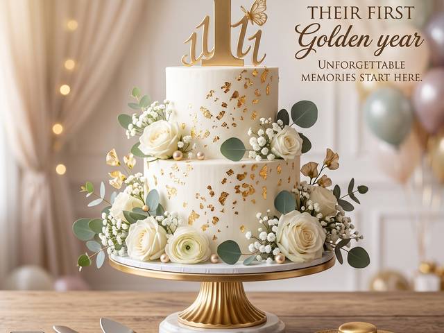 Gold-leaf celebration cake with a number-one topper