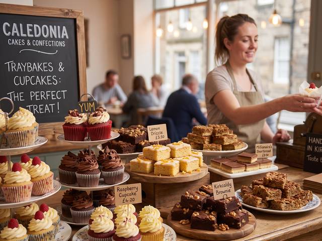 Cupcakes and traybakes displayed on the bakery counter