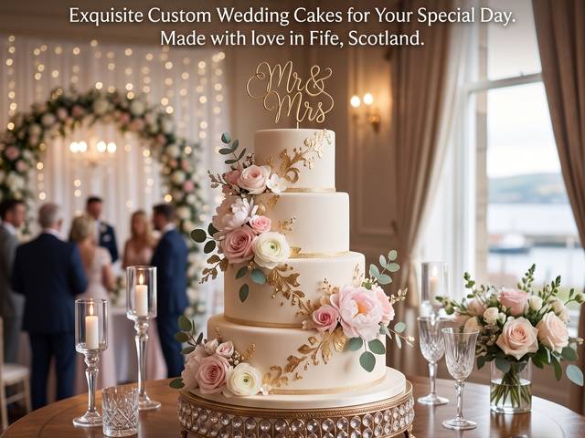 Tiered wedding cake decorated with fresh flowers and gold leaf