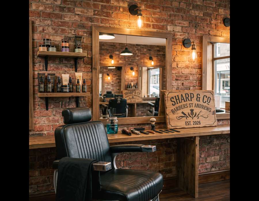 Sharp & Co Barbers' station with the shop sign, exposed brick and barber chair
