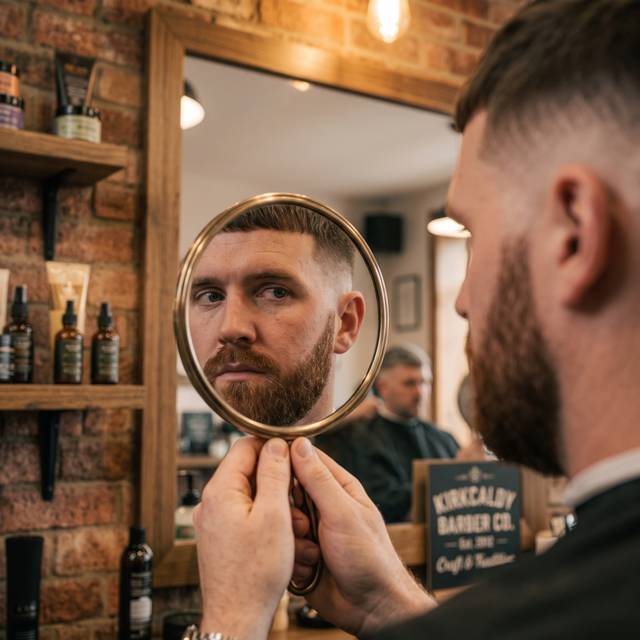 Client checking the finished cut in a hand mirror