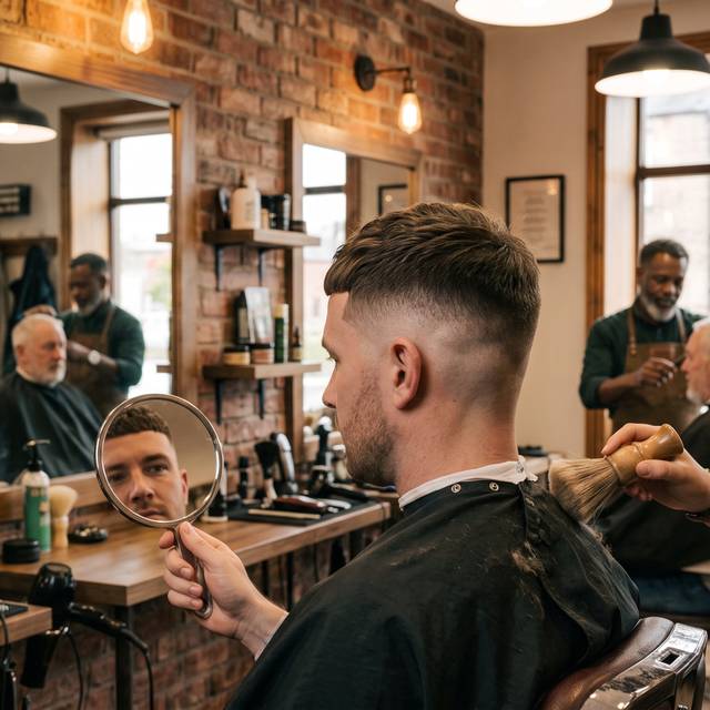 Barber finishing a cut with a neck brush in the shop