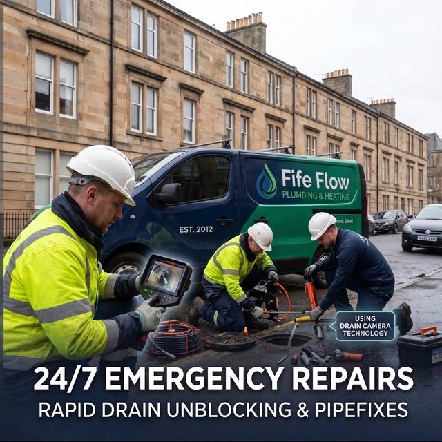 Engineers using drain camera technology for a 24/7 emergency drain unblocking job
