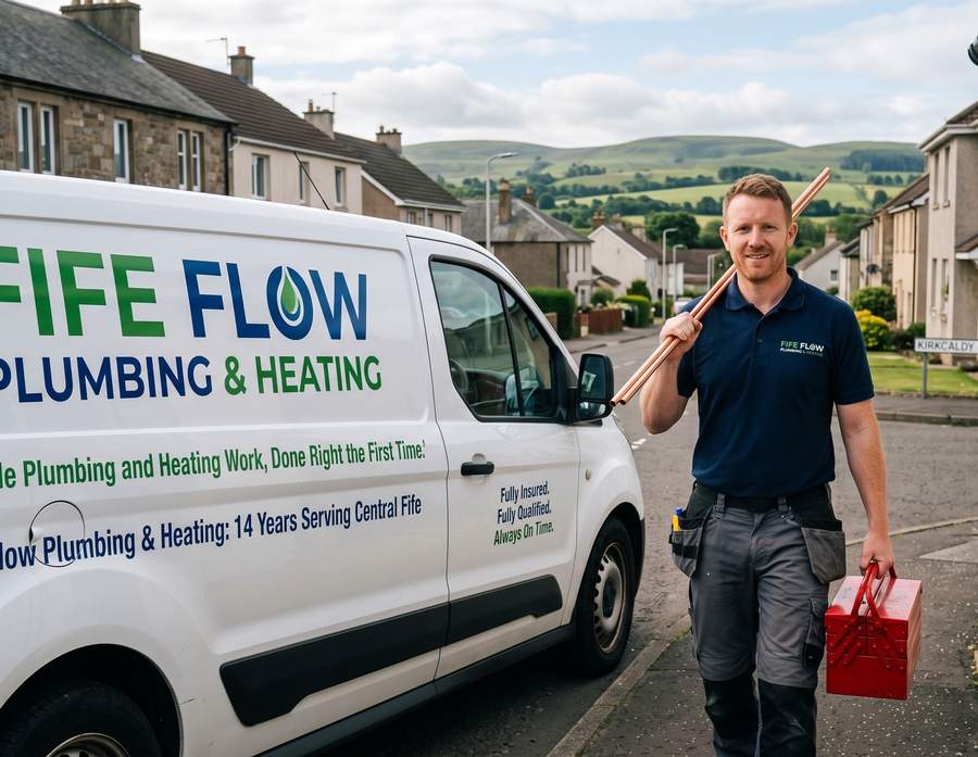 A Fife Flow Plumbing & Heating engineer with his branded van on a residential street