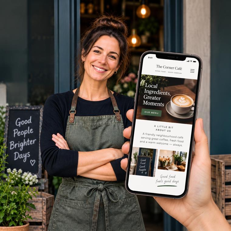 A smiling cafe owner in an apron holding up a phone displaying her professionally built website