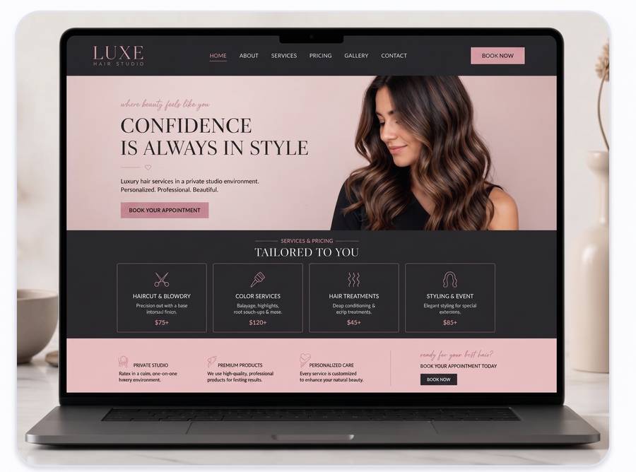 Preview of the Salons and Personal Services example site, a barbershop's homepage