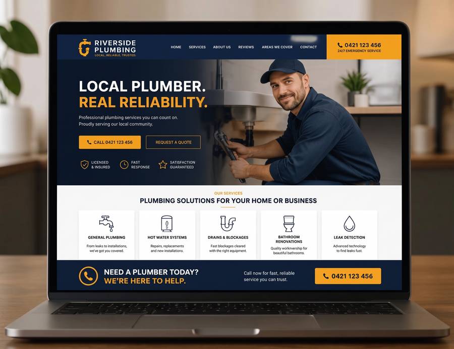 Preview of the Trades and Services example site, a plumber's homepage